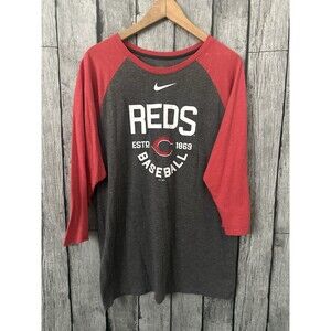 Nike Tee Athletic Cut Cincinnati Reds 3/4 Length Sleeve Gray Shirt Mens Large